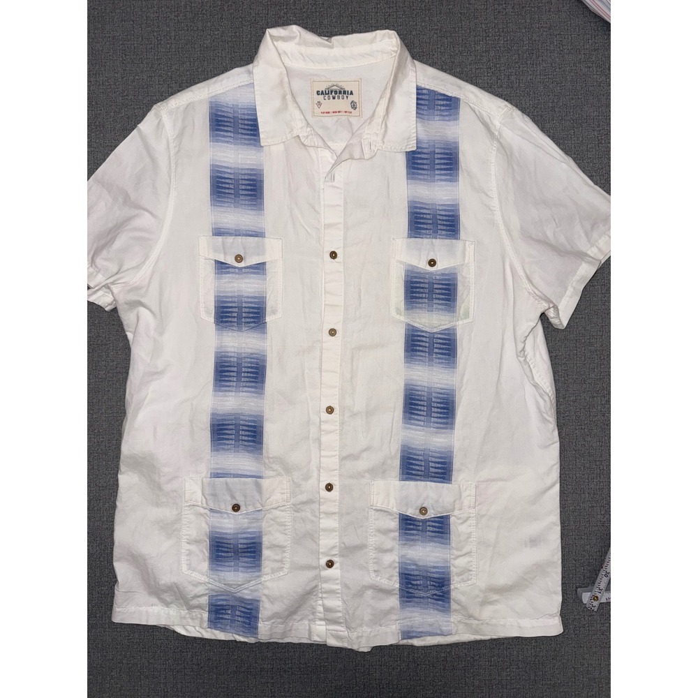 California Cowboy Men XXXL White Blue Stripe Cotton Linen Guayabera Shirt‎ USA
